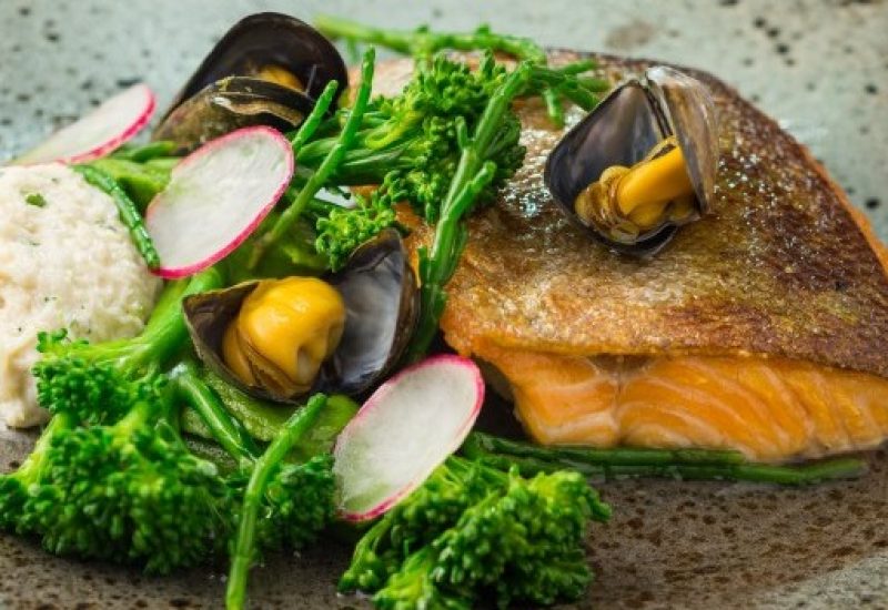 Marcel's Sea trout, crab mayonnaise, mussel vinaigrette, tender stem broccoli