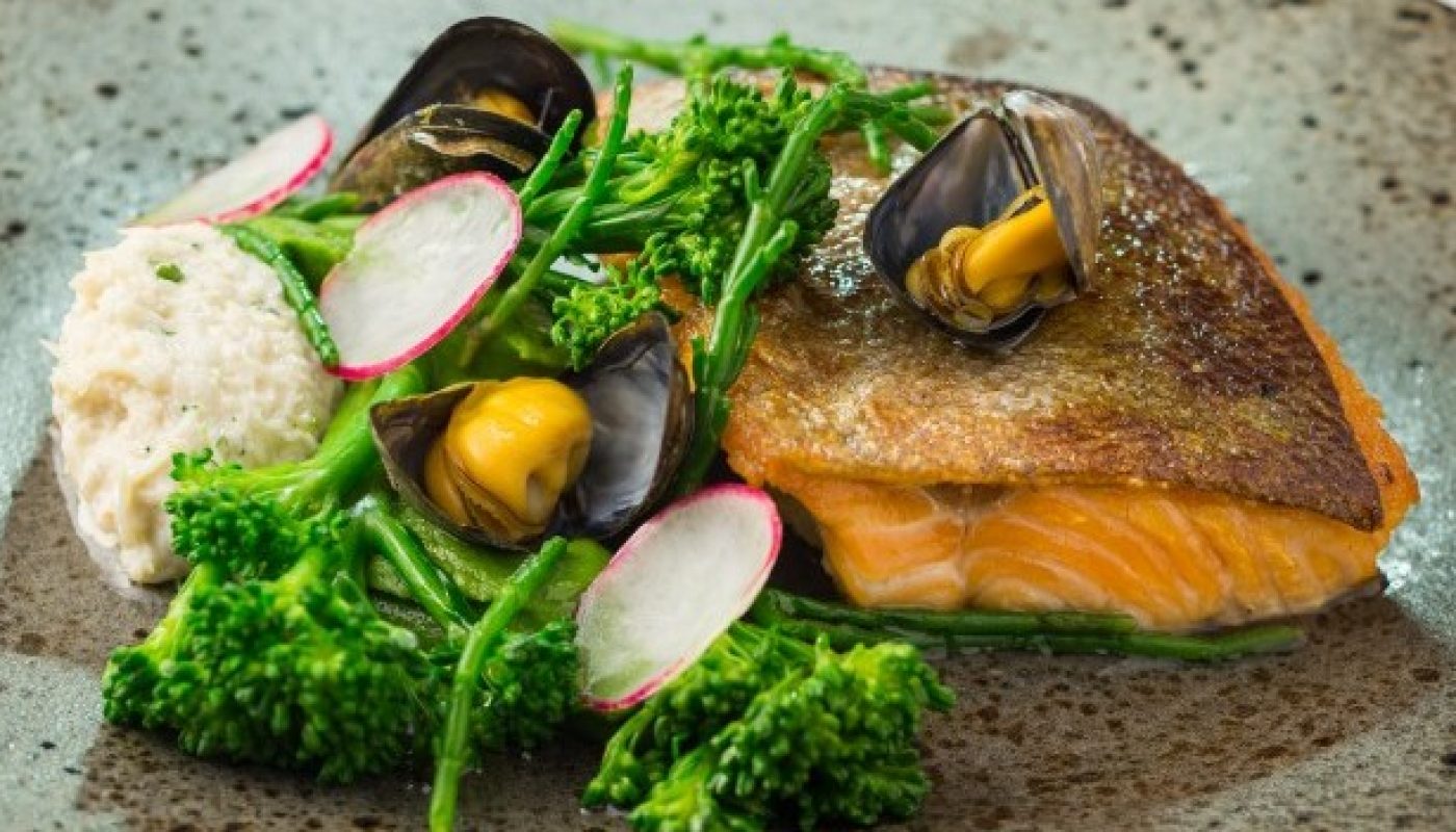 Marcel's Sea trout, crab mayonnaise, mussel vinaigrette, tender stem broccoli