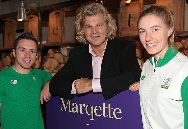 Michael Wright (Centre) at his Marqette restaurant in Dublin airport as he celebrated the first birthday of the restaurant with the help of Olympic Athletes Oliver Dingley and Natalya Coyle who both endorsed Marqette as the go to place to eat for healthy alternatives in Dublin Airport. Employing over 100 local staff the team at Marqette aim to provide the travelling customer with sustainable locally sourced produce straight from the farm to the plate therefore supporting the local economy, the environment and the health of their customers.