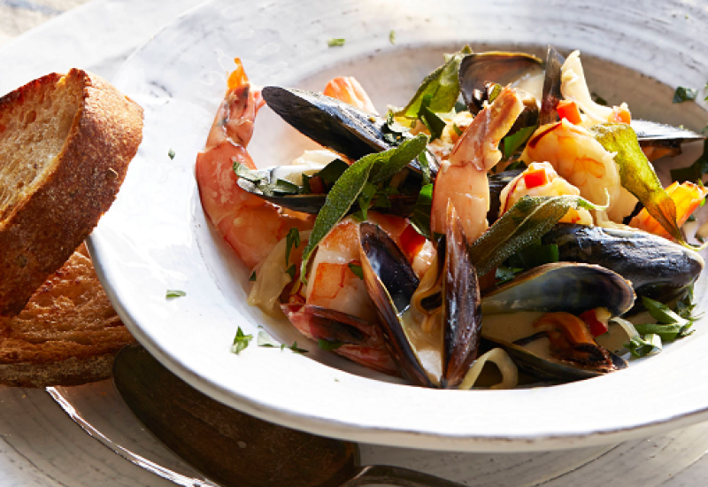 Mussels and Prawns in a Saffron Lemon Cream Sauce with Fried Sage Recipe by California Wines