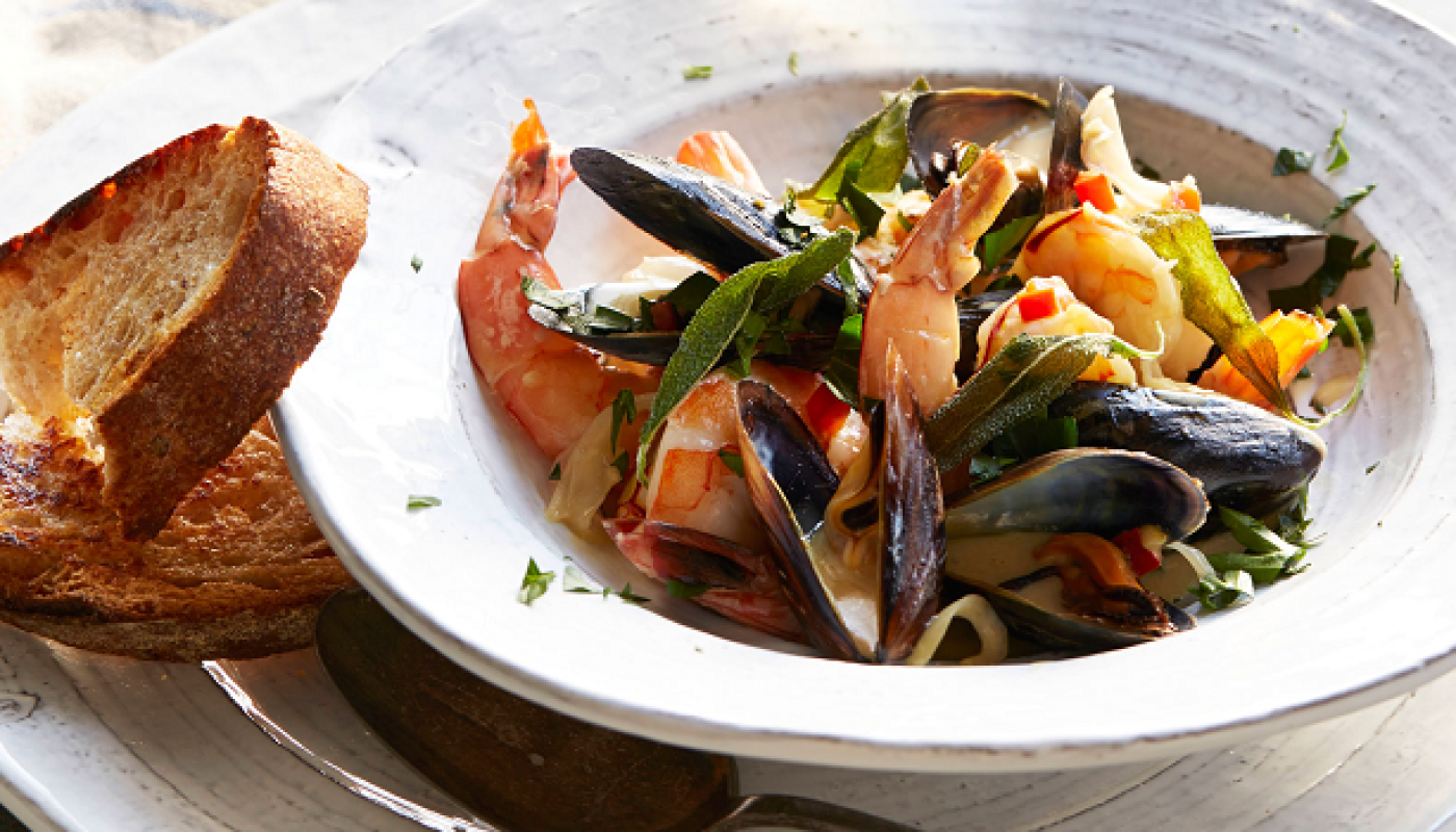 Mussels and Prawns in a Saffron Lemon Cream Sauce with Fried Sage Recipe by California Wines