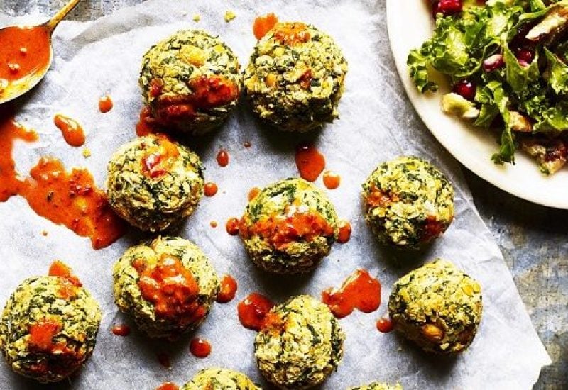 Spinach Falafels with Coconut Harissa Sauce and Zingy Kale Salad Recipe from Mindful Chef