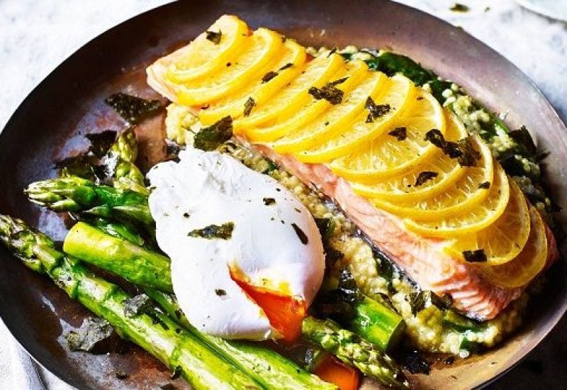 Baked Salmon with Crispy Seaweed, Poached Egg and Asparagus Recipe from the Mindful Chef