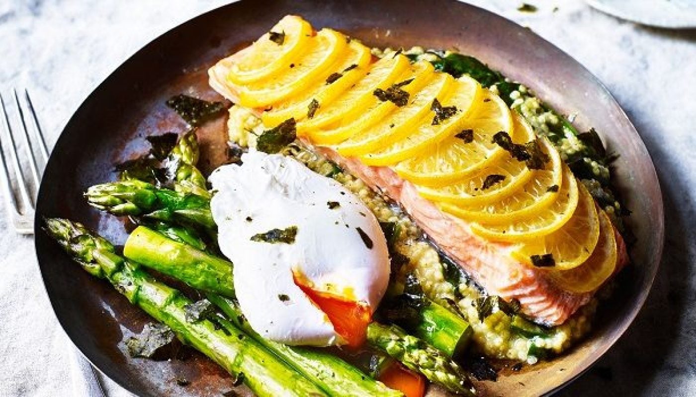 Baked Salmon with Crispy Seaweed, Poached Egg and Asparagus Recipe from the Mindful Chef