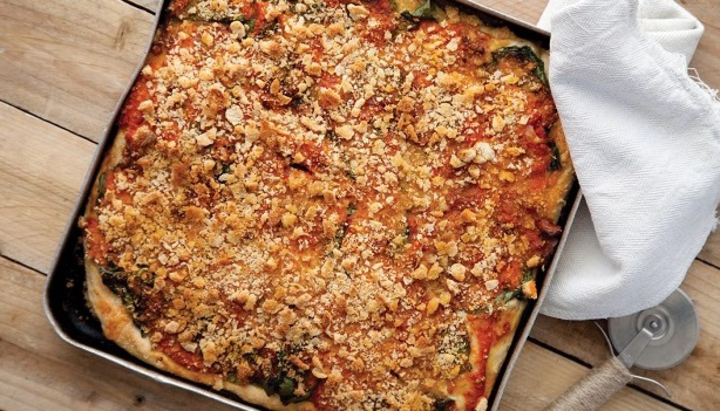 Pancetta Spinach and Provolone Sfinciuni Street pizza by Catherine Fulvio