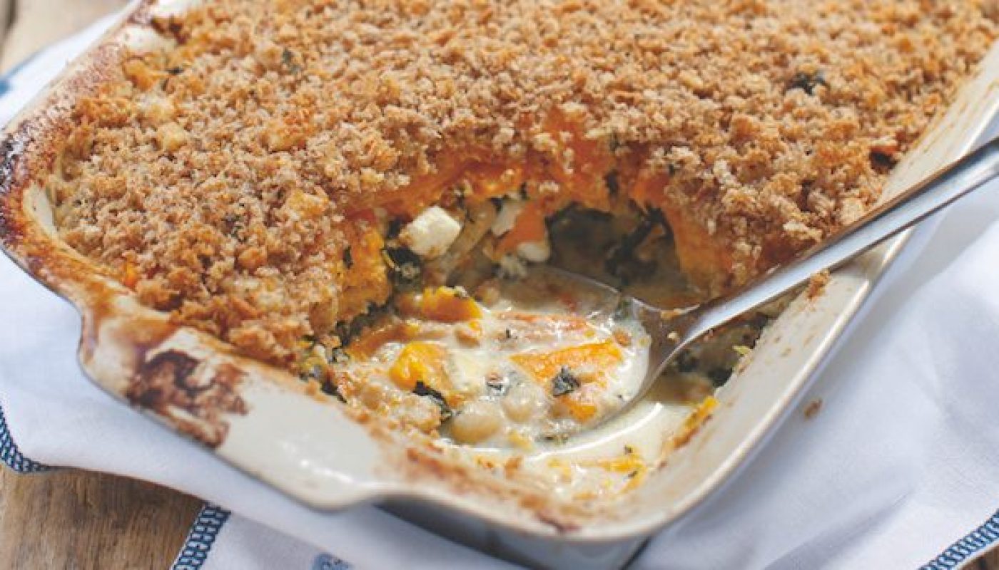 Pumpkin, Kale, Butter Bean and Feta Bake Recipe from Blazing Salads