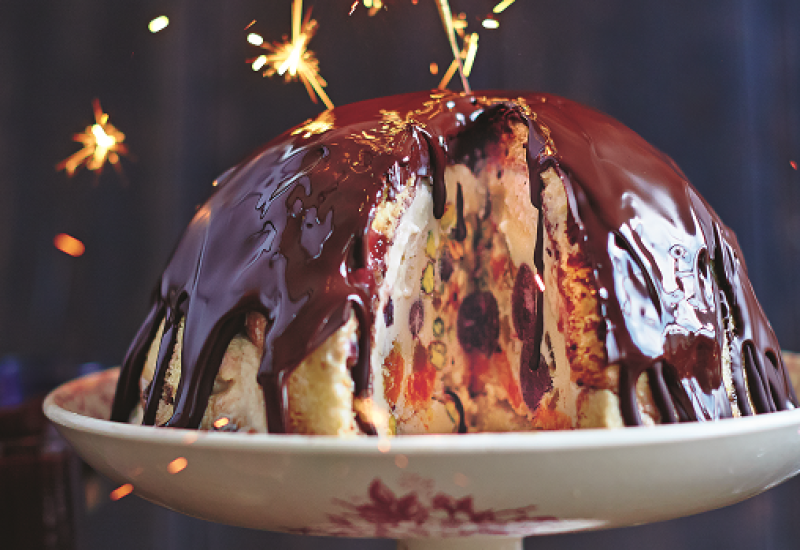 Winter Bombe Recipe with Chocolate, Cherries, Vin Santa, Panettone & Pistachios by Jamie Oliver