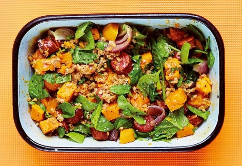 Spelt Recipe with Chorizo, Sweet Potato, Red Onion & Spinach