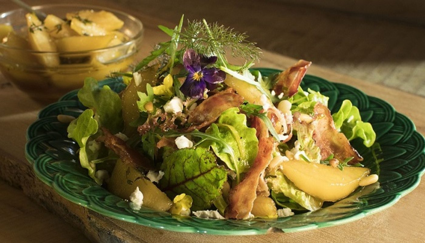 Siucra x Catherine Fulvio Pan Fried Pear and Pancetta Salad Recipe with Goat's Cheese