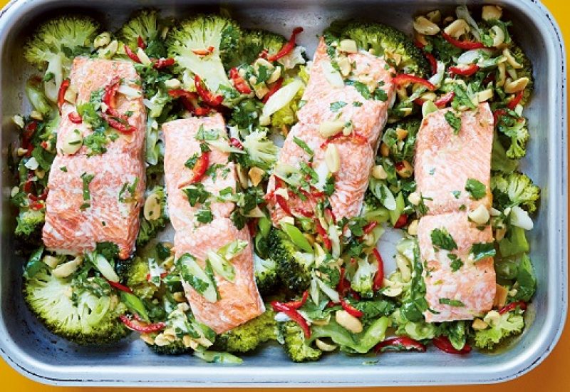 Steam-Roasted Salmon Recipe with Brocolli, Lime, Ginger, Garlic & Chilli