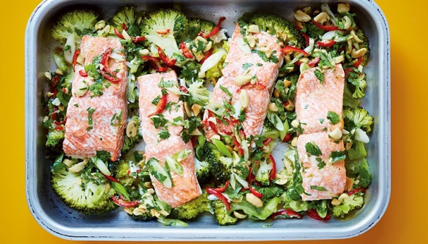 Steam-Roasted Salmon Recipe with Brocolli, Lime, Ginger, Garlic & Chilli