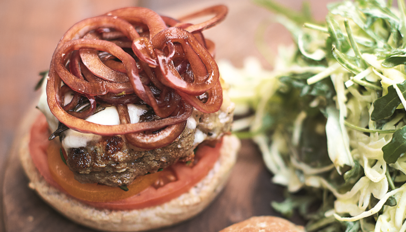 Italian Super-food Burgers, Balsamic Onions, Mozzerella & Slaw Jamie Oliver Enterprises Limited (2016 Super Food Family Classics) Photographer: Jamie Oliver