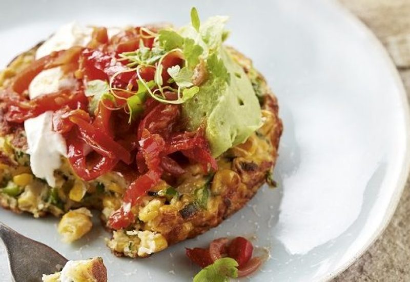 sweetcorn-and-green-chilli-fritters-with-red-pepper-relish-and-avocado