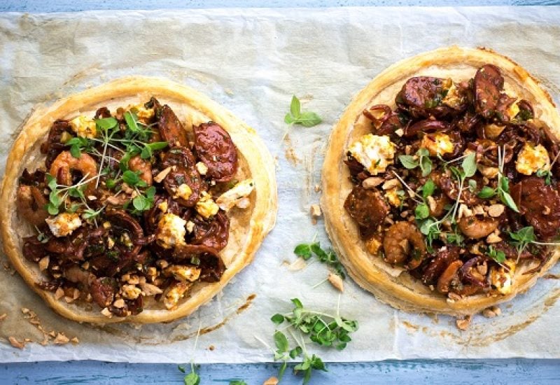 Mediterranean Prawn, Chorizo and Feta Tarts Recipe by Sharon Hearne-Smith Photo by Andrea Flanagan