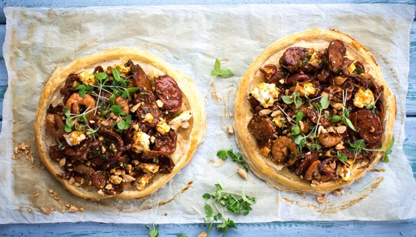 Mediterranean Prawn, Chorizo and Feta Tarts Recipe by Sharon Hearne-Smith Photo by Andrea Flanagan