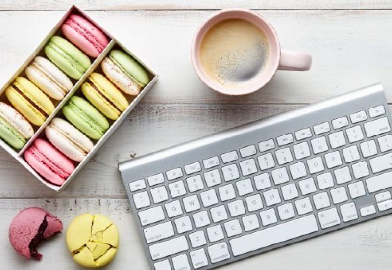 Coffee, macarons and keyboard
