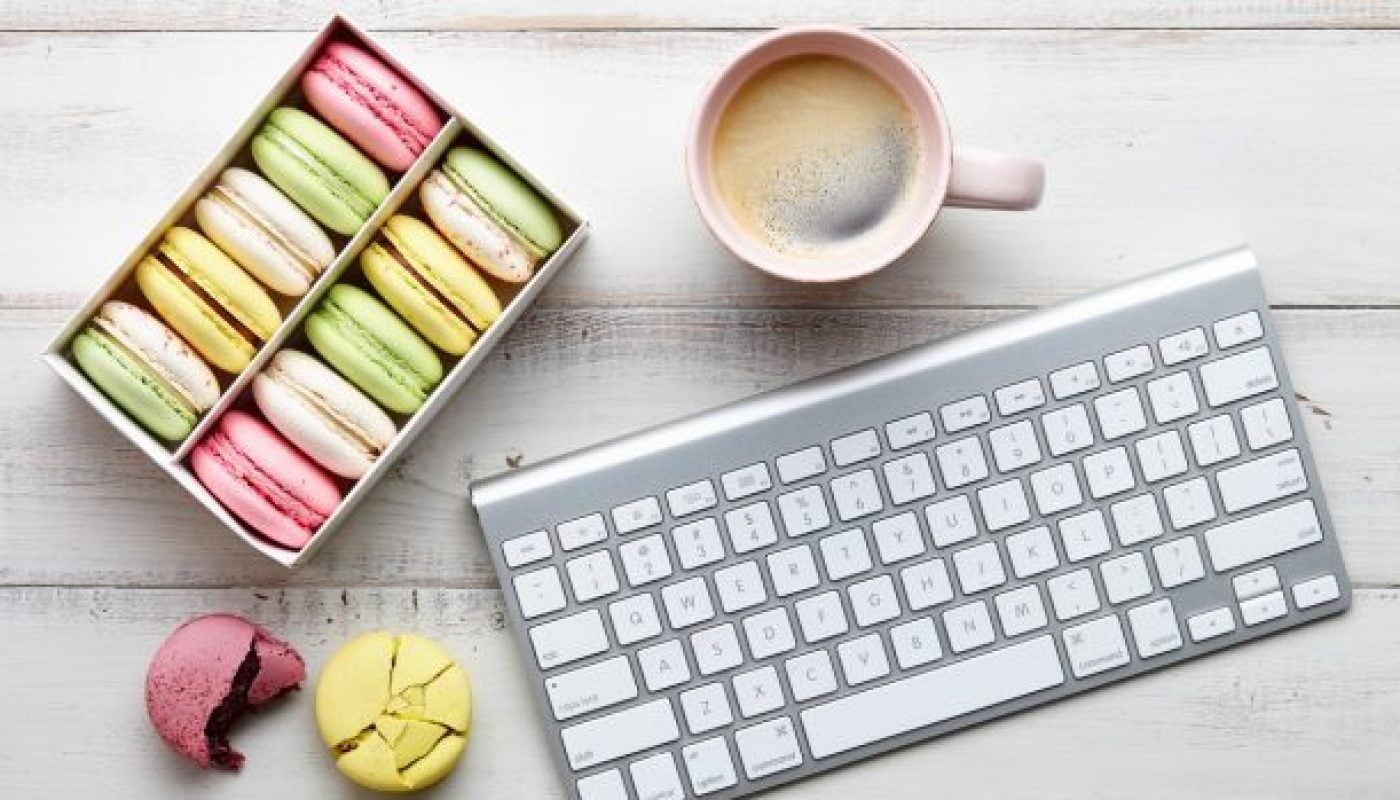 Coffee, macarons and keyboard