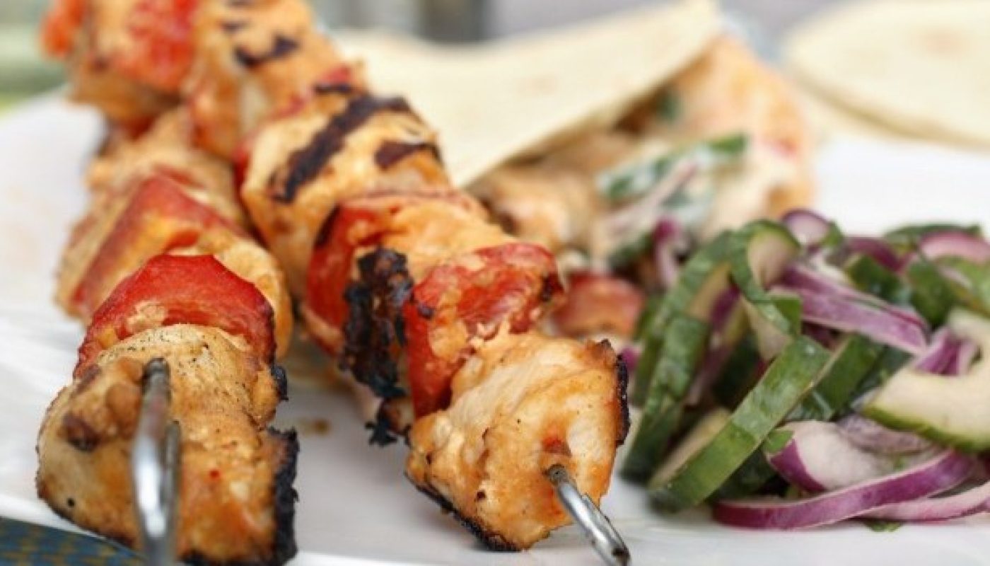 chicken satay sticks with cucumber salad