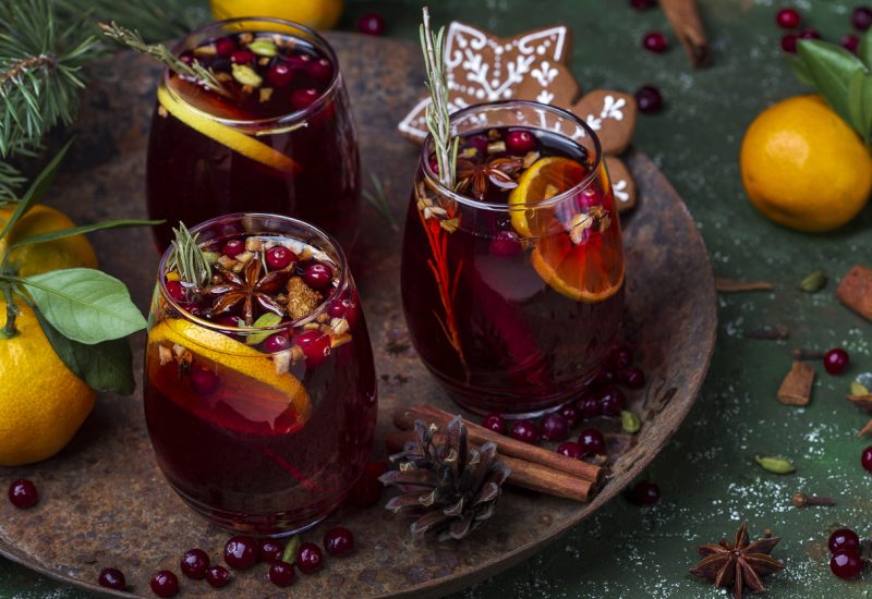 Christmas hot mulled wine with spices and fruits