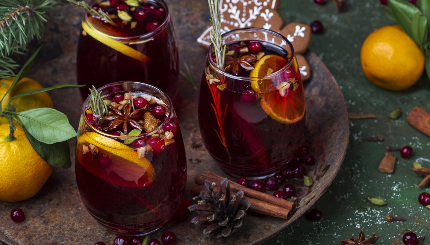 Christmas hot mulled wine with spices and fruits