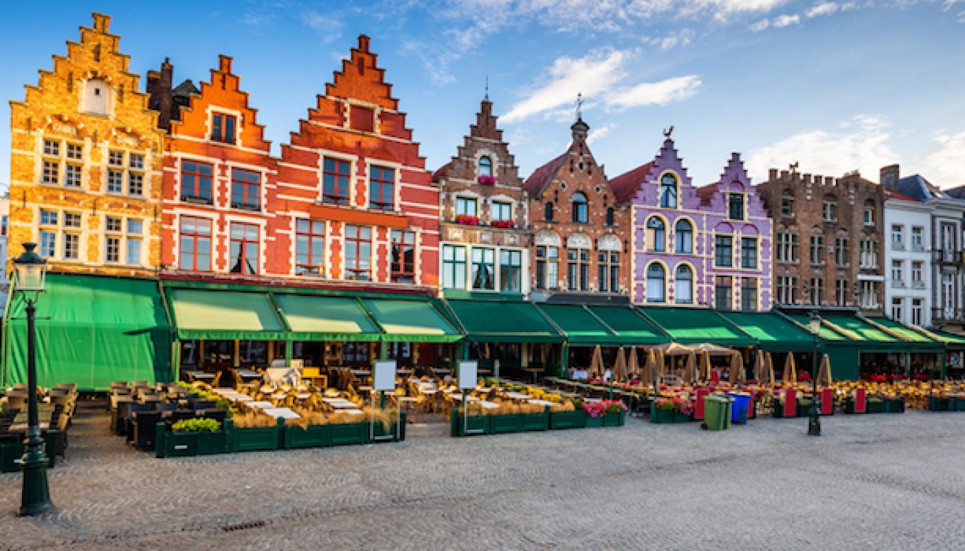 Bruges, Belgium. Grote Markt square at sunrise.