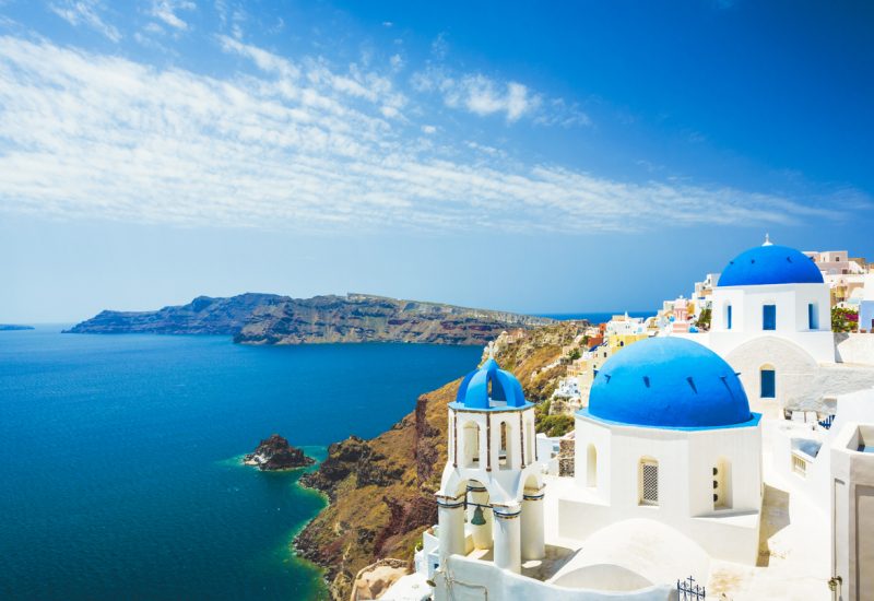 White church in Oia town on Santorini island in Greece