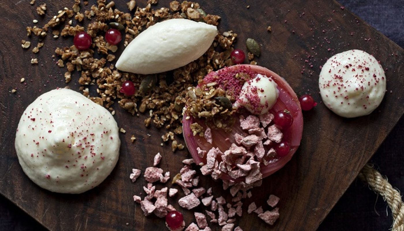 Rhubarb and Redcurrant Terrine with Goat Cheese Ice Cream Recipe by Peter Clifford