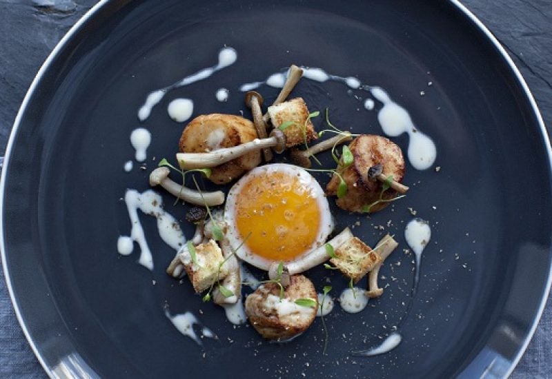 Pan-Fried Scallops with Fried Egg, Brioche, Mushrooms and Beurre Blanc Recipe by Peter Clifford