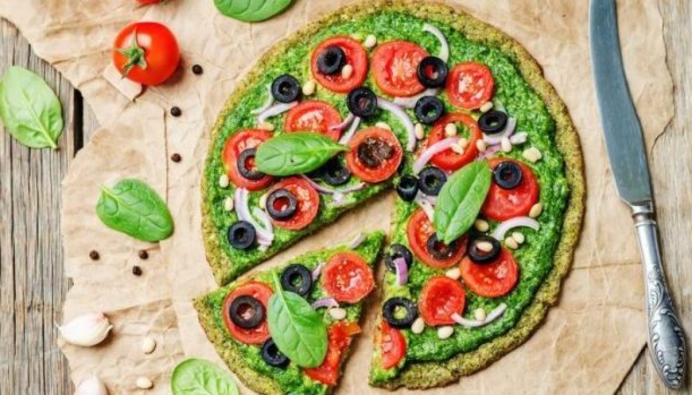 vegan broccoli zucchini pizza crust with vegetables