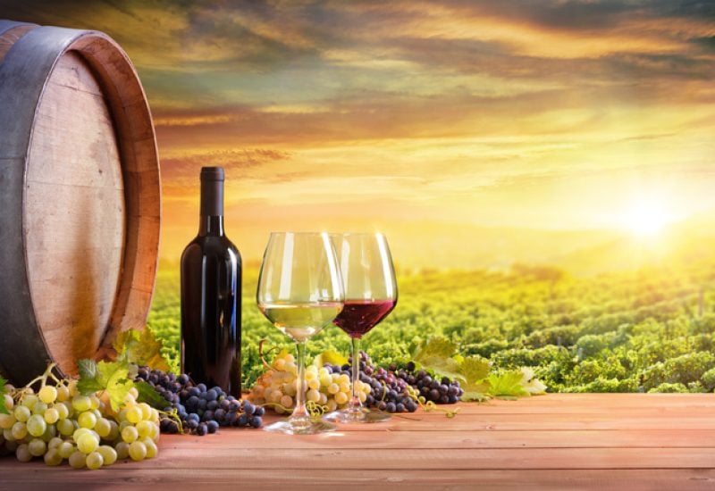 Wine Glasses And Bottle With Barrel In Vineyard At Sunset