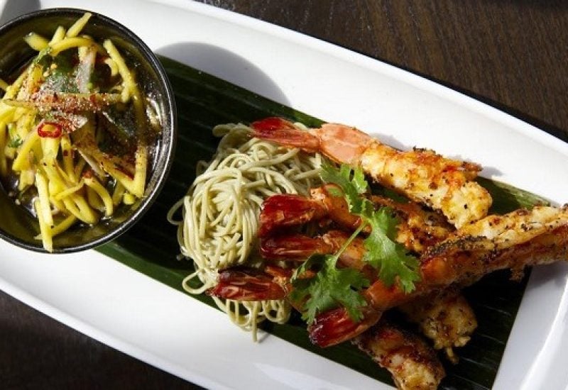 tiger prawns with green tea noodles