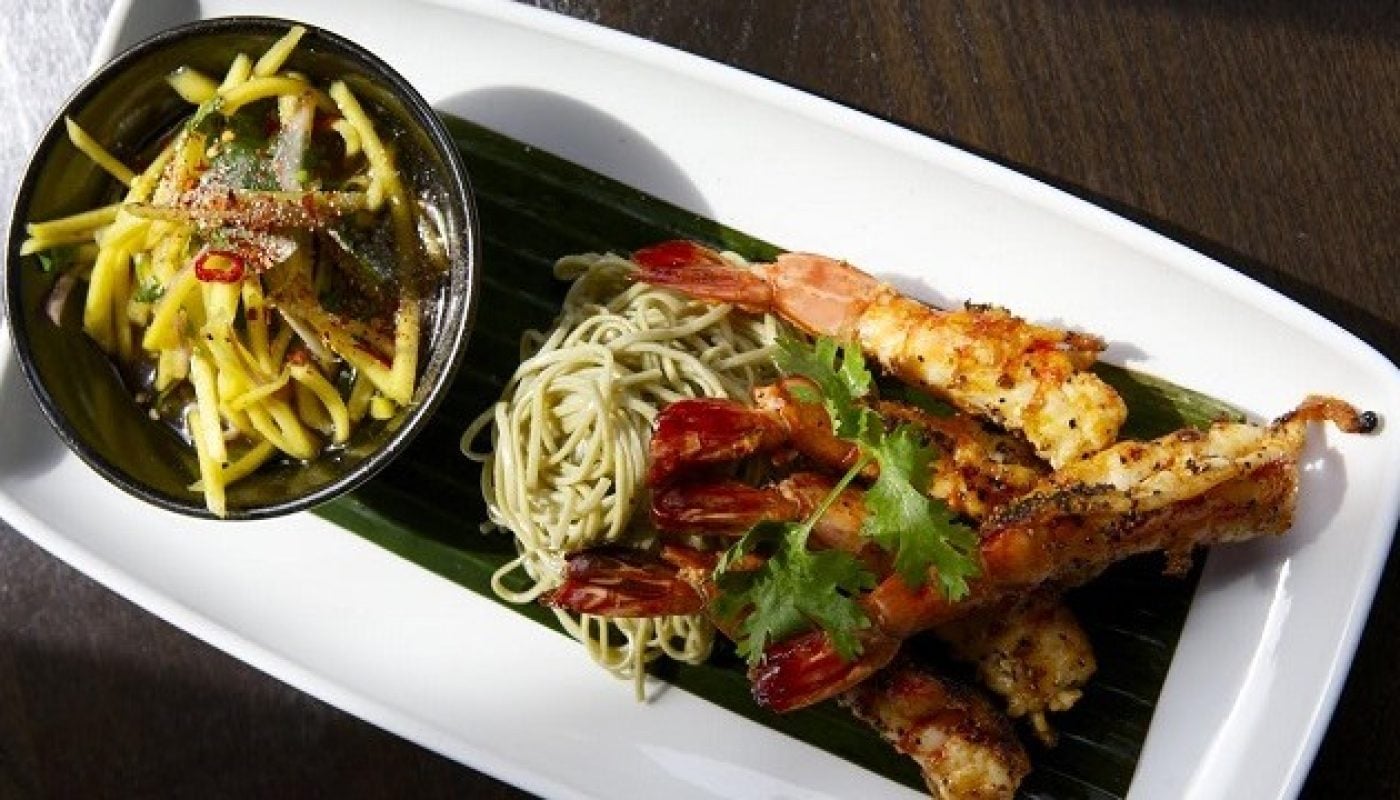 tiger prawns with green tea noodles